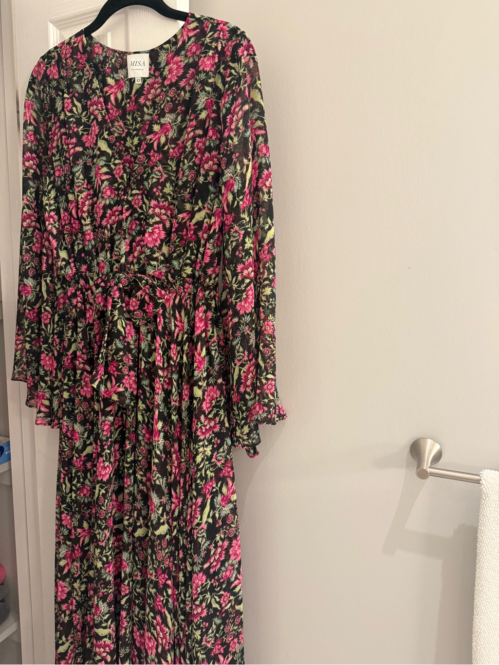 Misa Los Angeles Black Floral Maxi Dress With Pink & Green Print